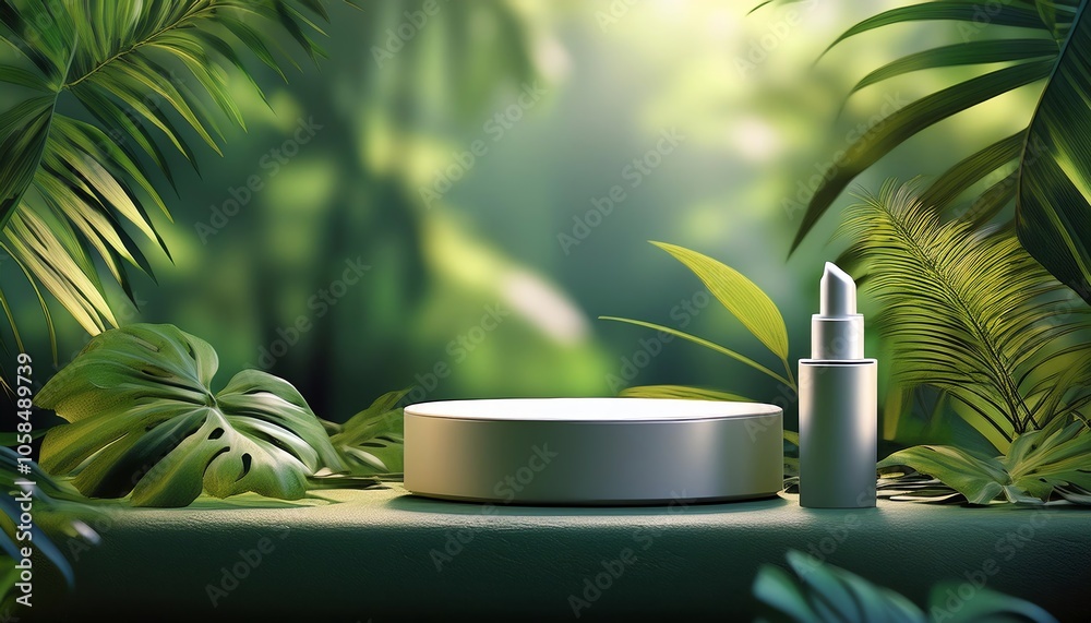 A serene, green background features a sleek skincare bottle and a round display, creating a natural, fresh aesthetic. A serene, green background features a sleek skincare bottle and a round display, creating a natural, fresh aesthetic.