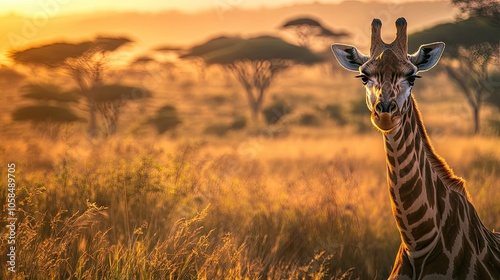 Close-up portrait of a giraffe with an African savannah backdrop, capturing the essence of fauna in a vivid and striking way, with ample copy space for text or graphics. photo