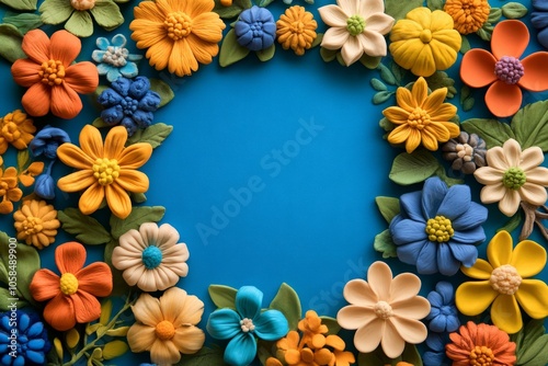 Colorful clay flowers creating a frame on light blue background. Copy space for text