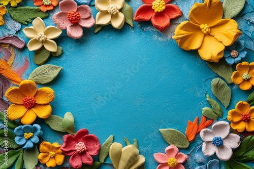 Colorful clay flowers creating a beautiful frame on blue background. Copy space for text