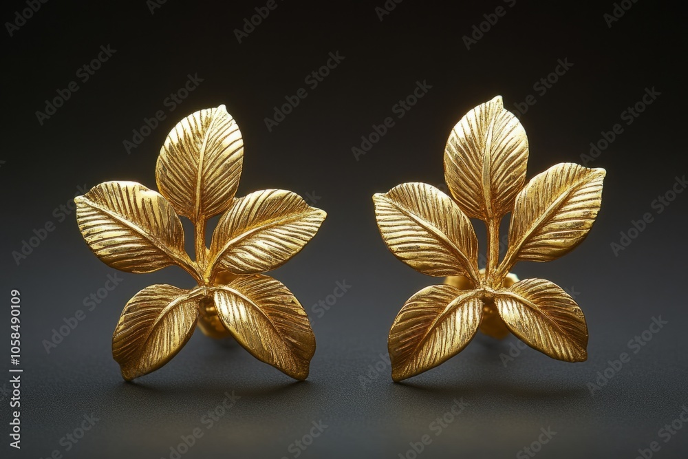 Golden leaf earrings resembling a plant on a dark background Golden leaf earrings resembling a plant on a dark background