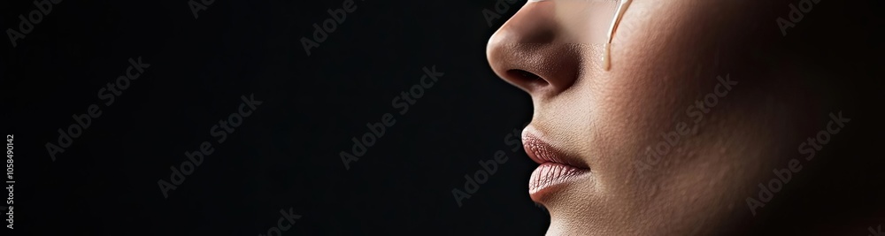 Profile of a woman with a tear, expressing deep emotion against a dark background. Profile of a woman with a tear, expressing deep emotion against a dark background.