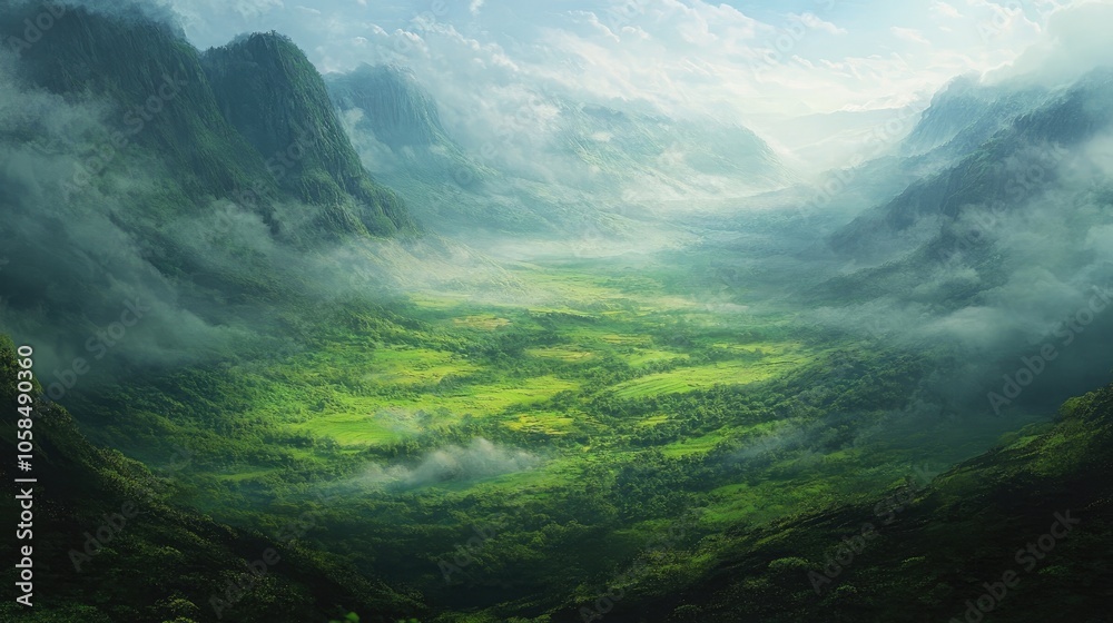 Mist and clouds envelop a lush green valley, creating a serene landscape. The misty atmosphere adds depth to the vibrant greenery of the valley, perfect for nature enthusiasts. Mist and clouds envelop a lush green valley, creating a serene landscape. The misty atmosphere adds depth to the vibrant greenery of the valley, perfect for nature enthusiasts.