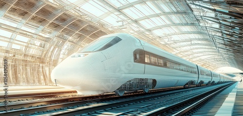 Wireframe high-speed train model showcased at a futuristic railway station.