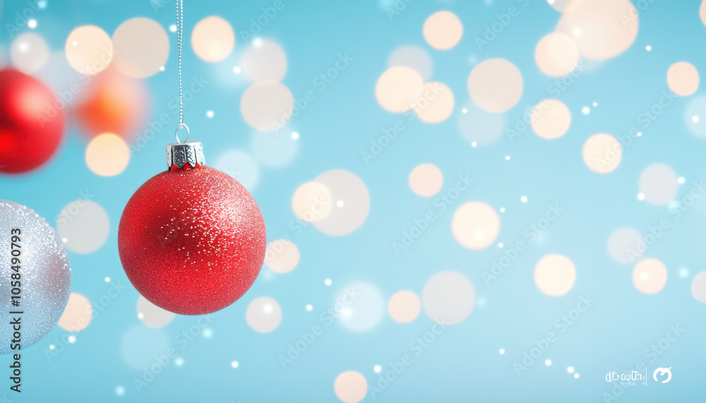 Fototapeta premium Bright red and silver Christmas ornaments hanging against soft blue background, creating festive and cheerful atmosphere with sparkling bokeh lights