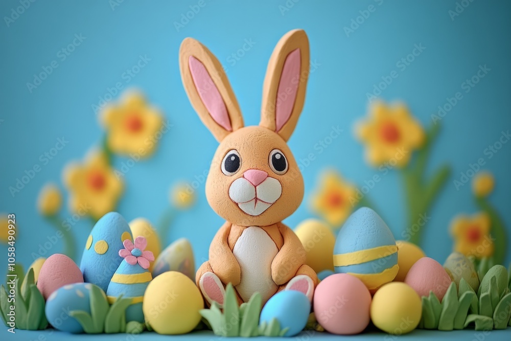 Easter bunny sitting among colorful eggs and spring flowers Easter bunny sitting among colorful eggs and spring flowers