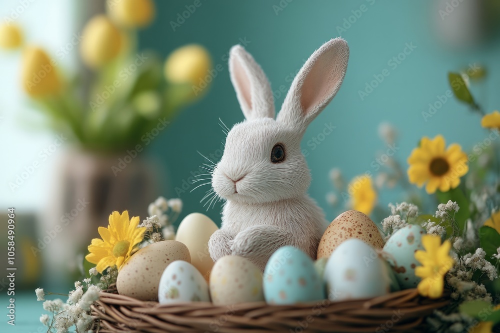 Easter bunny sitting in basket with colorful eggs and spring flowers Easter bunny sitting in basket with colorful eggs and spring flowers