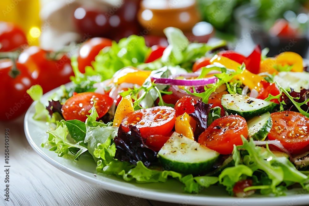 a?? Gourmet salad with a variety of fresh ingredients beautifully plated on a white dish. a?? Gourmet salad with a variety of fresh ingredients beautifully plated on a white dish.
