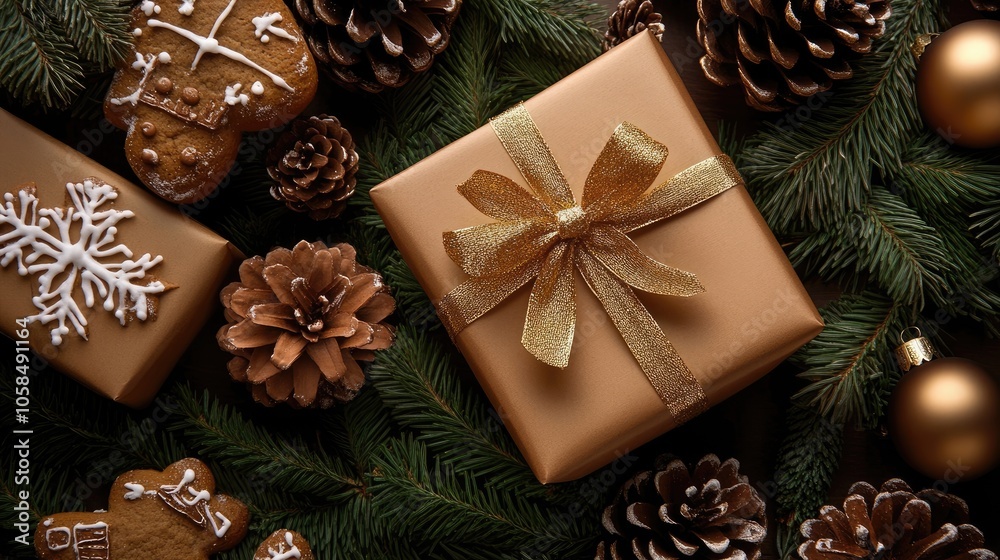Christmas present styled with gingerbread, decorative pine cones, and elegant gold bows. Perfect for a flat lay presentation with ample copy space for seasonal themes. Christmas present styled with gingerbread, decorative pine cones, and elegant gold bows. Perfect for a flat lay presentation with ample copy space for seasonal themes.