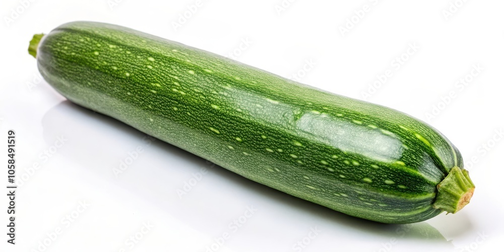 A fresh, green zucchini with a smooth, glossy skin, isolated on a white background, ready for cooking or eating. A fresh, green zucchini with a smooth, glossy skin, isolated on a white background, ready for cooking or eating.