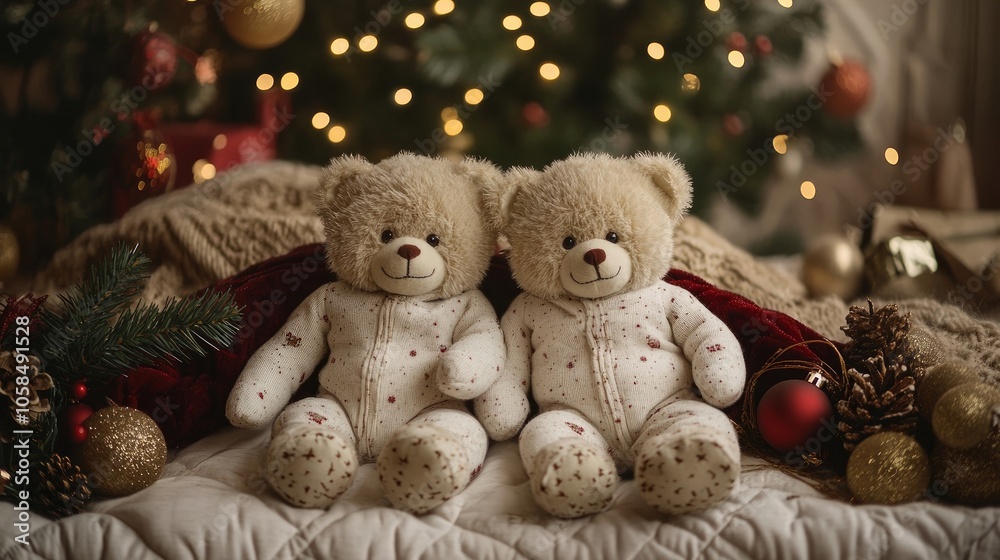 Twin teddy bears in white onesies are placed on a mattress, surrounded by Christmas decorations in a cozy room styled for the festive season, perfect for a holiday photo shoot. Twin teddy bears in white onesies are placed on a mattress, surrounded by Christmas decorations in a cozy room styled for the festive season, perfect for a holiday photo shoot.