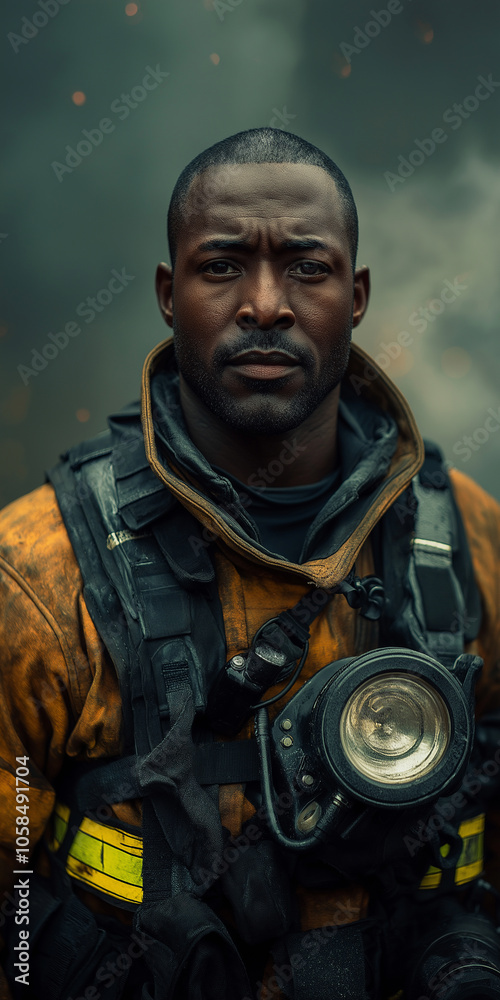 African American Firefighter in Full Gear Ready for Action African American Firefighter in Full Gear Ready for Action
