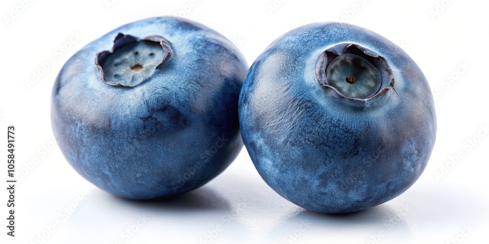 A close-up view of two blueberries, showcasing their vibrant blue skin, textured surface, and delicate white bloom A close-up view of two blueberries, showcasing their vibrant blue skin, textured surface, and delicate white bloom
