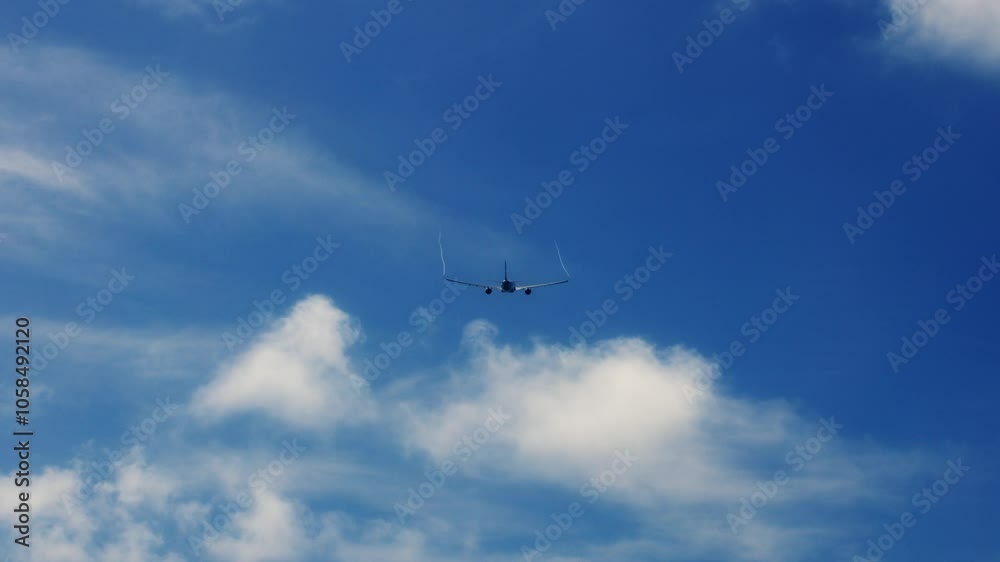 The plane flies through a clear blue sky, surrounded by fluffy white clouds. Travel and adventure concept. The plane flies through a clear blue sky, surrounded by fluffy white clouds. Travel and adventure concept.