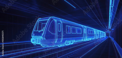 Rapid transit visualized through a dark blue 3D wireframe of a modern metro train.