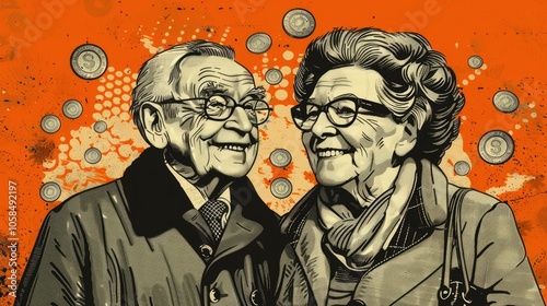 lderly Couple Smiling Together Surrounded by Coins, Representing Financial Security in Old Age, with Halftone Print Effect and Pop Art-Inspired Black-and-White Line Art on Orange Background
