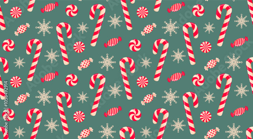 Christmas candy cane, snowflakes and candies seamless pattern on green background.