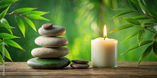 A Balanced Stack of Stones with a Burning Candle and Green Foliage in the Background