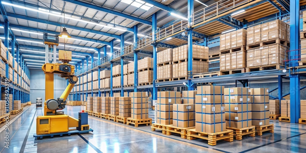 A yellow automated guided vehicle navigates a spacious warehouse, efficiently moving goods between high-bay shelving units and pallets, showcasing modern automation in logistics. A yellow automated guided vehicle navigates a spacious warehouse, efficiently moving goods between high-bay shelving units and pallets, showcasing modern automation in logistics.