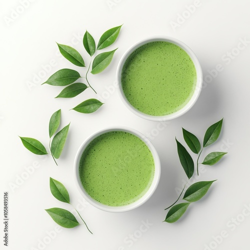 Wallpaper Mural Two bowls of vibrant green matcha tea surrounded by fresh leaves, creating a serene and healthy aesthetic. Torontodigital.ca