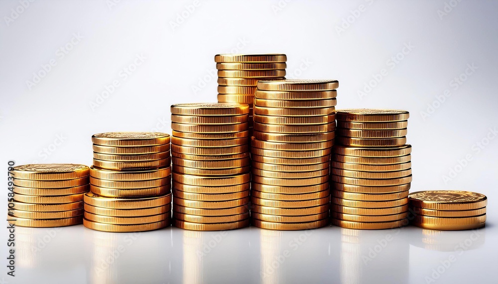Stacked gold coins representing wealth and investment on white background Stacked gold coins representing wealth and investment on white background