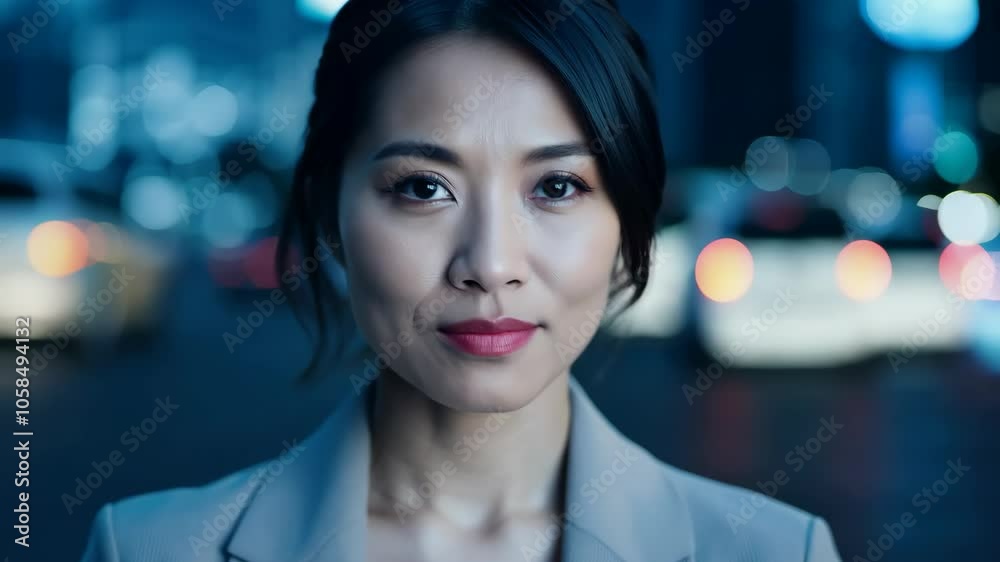 Confident urban woman at night with city lights in background Confident urban woman at night with city lights in background