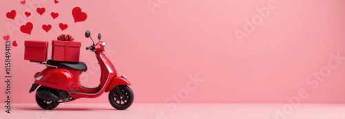 A vibrant red scooter adorned with gifts and hearts against a pink backdrop, symbolizing love and celebration for special occasions