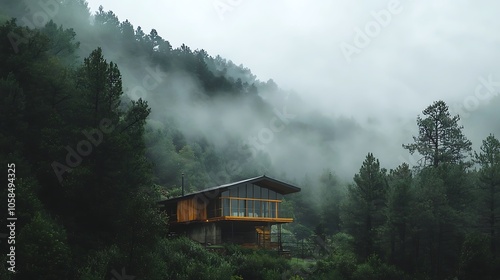 a?? Modern cabin nestled in foggy mountains, highlighting its serene setting.
