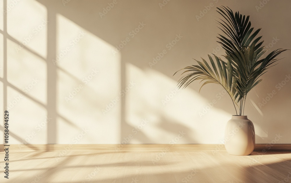 Neutral-toned living room 3D mock-up with a soft beige wall, light wood flooring, and a vase with a palm plant to enhance the minimalist interior style. Neutral-toned living room 3D mock-up with a soft beige wall, light wood flooring, and a vase with a palm plant to enhance the minimalist interior style.