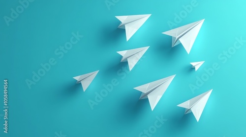 abstract representation of divergent thinking, origami-style paper planes, contrasting trajectories, soft shadows, smooth gradient blue backdrop, digital art style