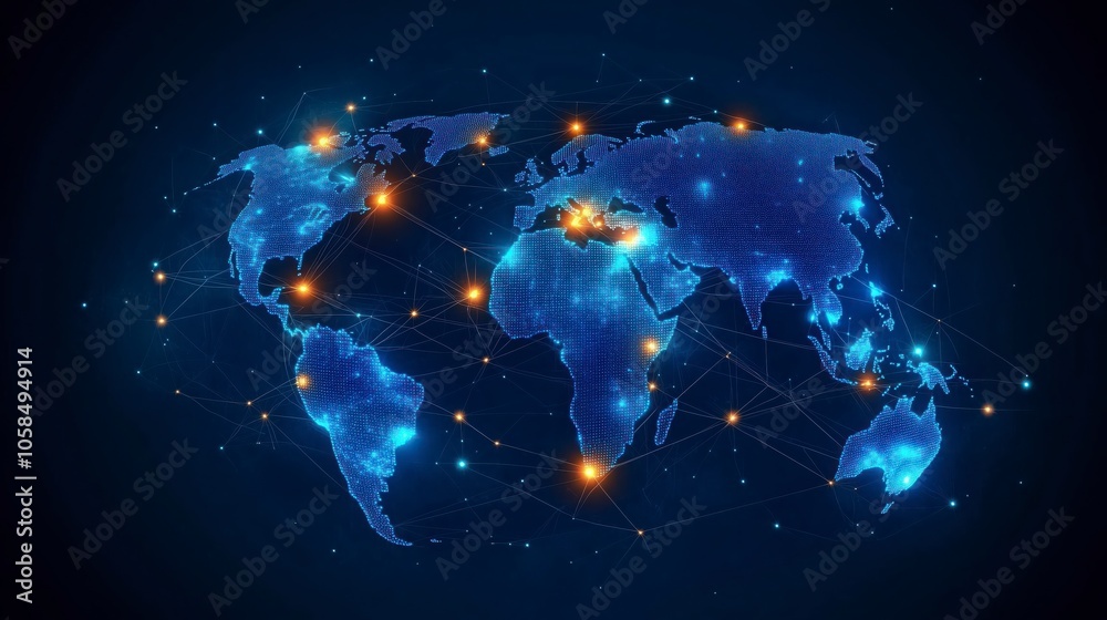 Fototapeta premium Global Business Concept of Connections and Information Transfer in the World: 3D Illustration of Network Connection, Big Data Analytics, and Business Concept on a Blue Background