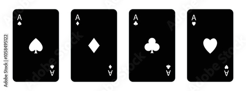 Playing card set. Black Poker cards suits. Four aces icon. Hearts, diamonds, spades, clubs ace. Winning poker hand. Las Vegas Casino gambling concept. Simple flat design. White background. Vector