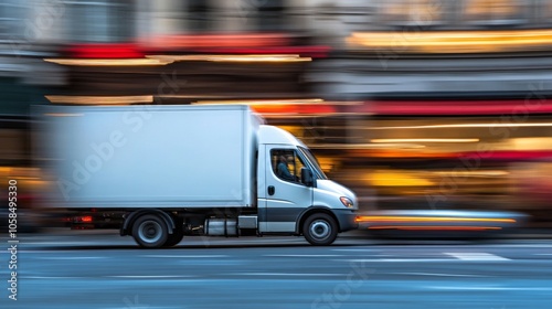 high-speed commercial truck photography, radial blur technique, crisp focus on vehicle, contrasting white truck against blurred environment, urban delivery in action