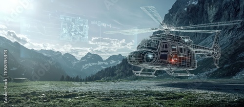 Virtual reality mountain emergency attended by a wireframe ambulance helicopter in AR.