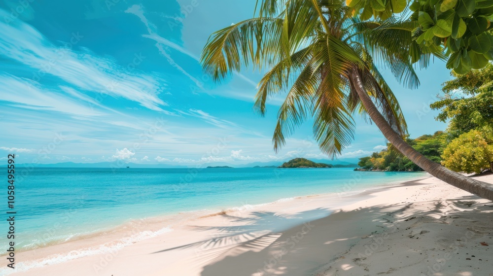 Beautiful tropical beach with white sand, palm trees and turquoise sea, AI generated image Beautiful tropical beach with white sand, palm trees and turquoise sea, AI generated image