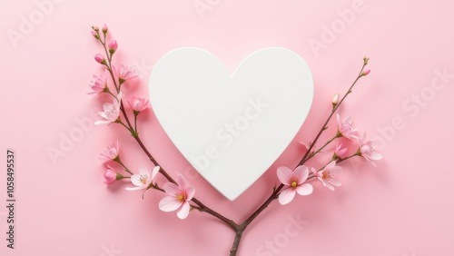 A serene heart shape surrounded by delicate pink blossoms on a soft pastel background. Background with copy space