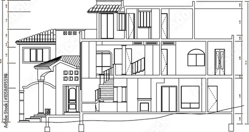 Vector sketch illustration of the silhouette of the architectural design of a house building in the desert in vintage style