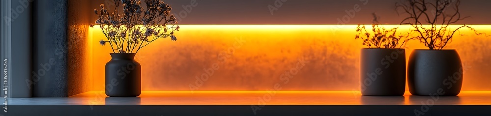 A modern shelf with vases and ambient lighting creates a cozy atmosphere. A modern shelf with vases and ambient lighting creates a cozy atmosphere.