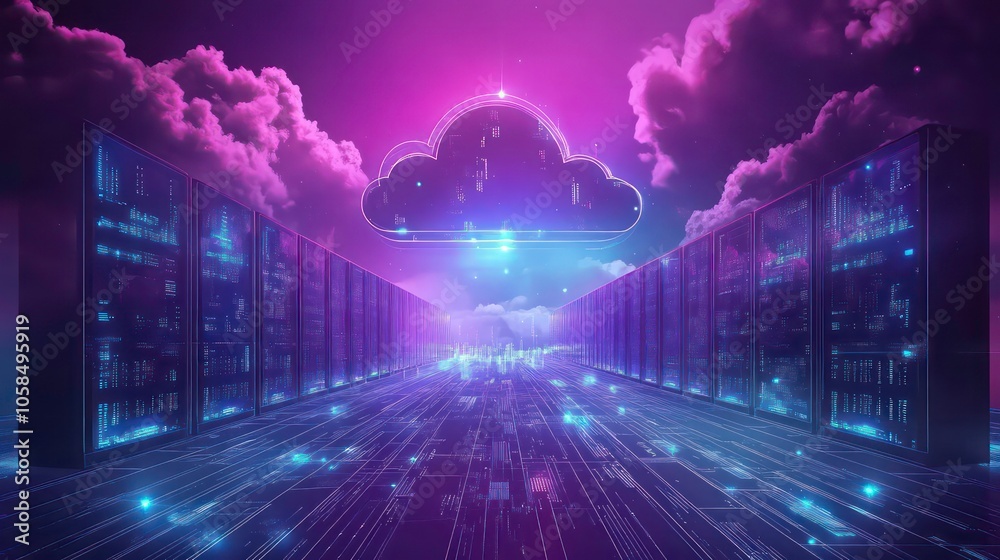 Obraz premium A futuristic digital landscape featuring cloud computing and data flow.