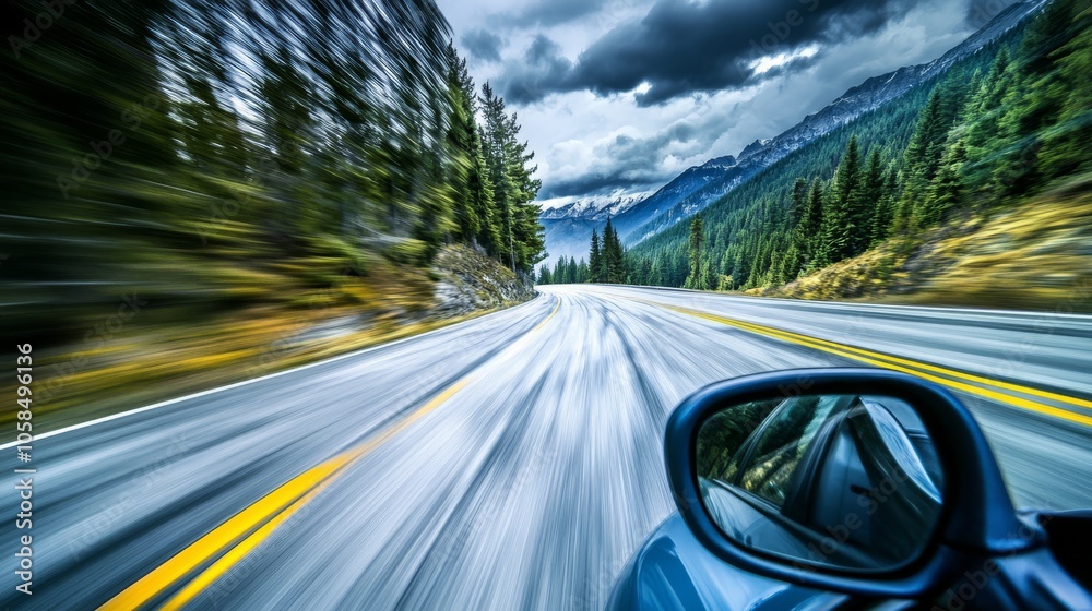 dynamic car perspective on winding mountain road, pine forest flanking highway, motion blur effect, dramatic cloudy sky, yellow road markings, side mirror reflection dynamic car perspective on winding mountain road, pine forest flanking highway, motion blur effect, dramatic cloudy sky, yellow road markings, side mirror reflection