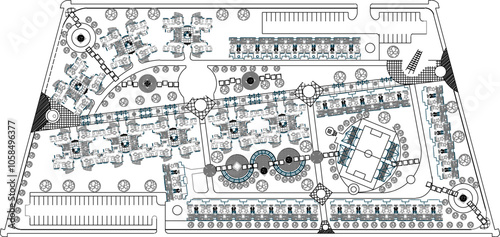 Vector sketch illustration of the silhouette of a landscape plan site plan layout for a housing complex