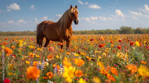 Majestic Brown Horse Standing in a Field of Wildflowers