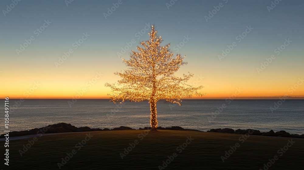 Obraz premium A solitary tree near the sea is set against a sunlit backdrop, beautifully adorned with Christmas lights, creating a serene holiday atmosphere and offering ample photo space.