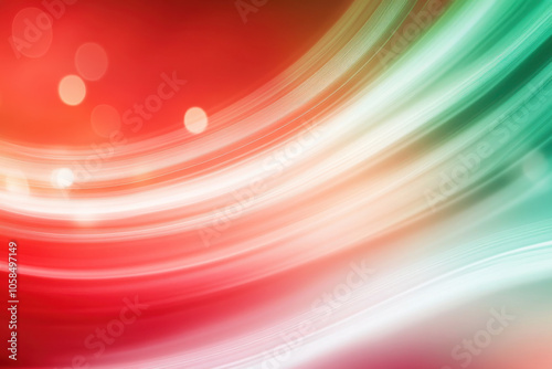 Abstract red and green waves with soft bokeh lights create festive atmosphere, perfect for holiday themes