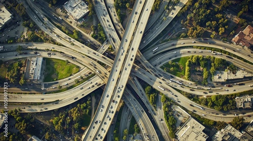 overhead capture of expansive freeway interchange, crisscrossing roadways, streaming traffic, precise lane divisions, curved on-ramps and off-ramps, verdant pockets amidst concrete jungle, urban