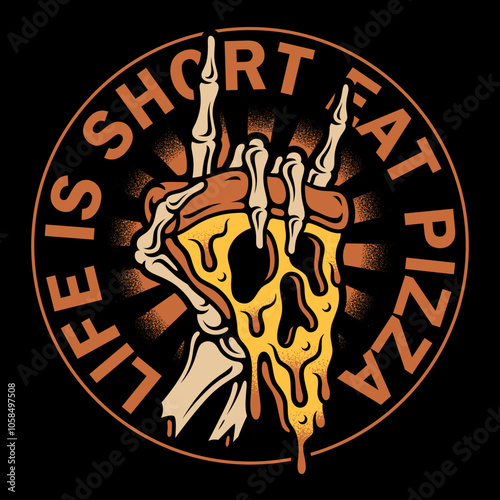 Vector design of a skeleton hand holding a slice of pizza
