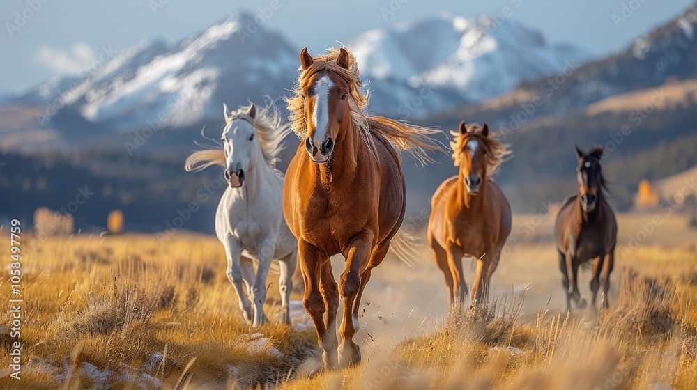 Wild Horses Running Through Golden Grass in a Mountain Landscape Wild Horses Running Through Golden Grass in a Mountain Landscape
