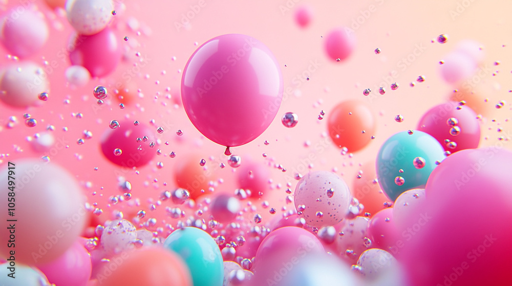 Colorful balloons and bubbles float in a vibrant and playful setting during a celebration Colorful balloons and bubbles float in a vibrant and playful setting during a celebration