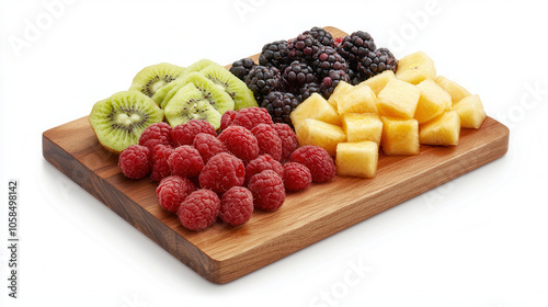 Fresh mixed fruit platter with kiwi, raspberries, blackberries, and pineapple
