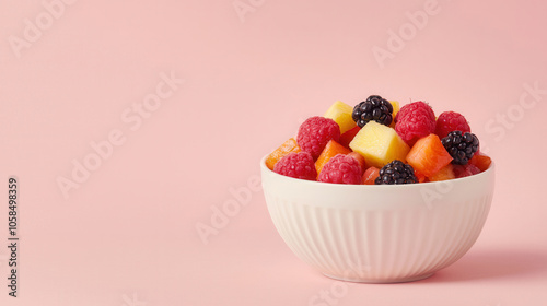 Fresh assorted fruits in bowl, including raspberries and blackberries, create vibrant display